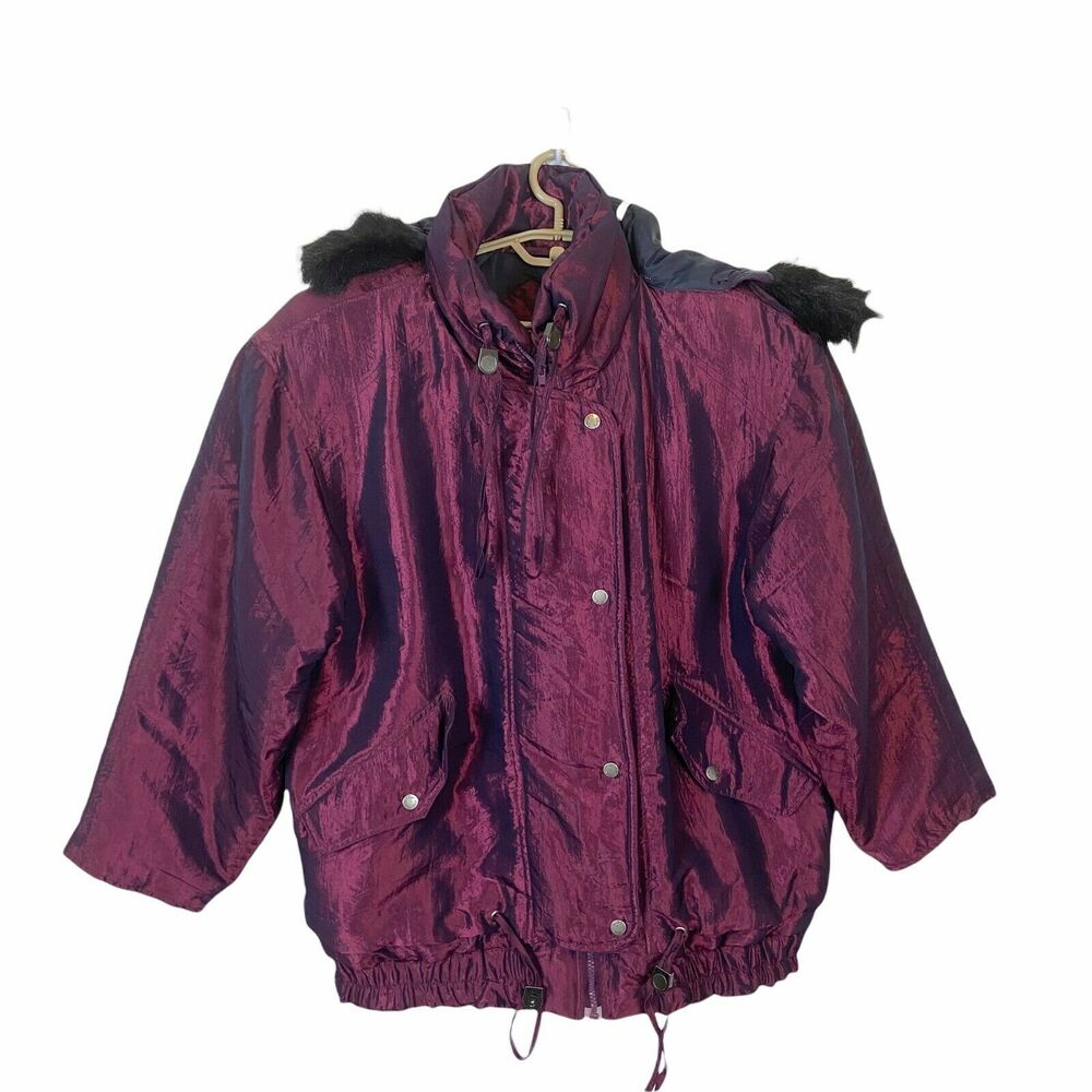 Ski Jacket Vintage Current Seen Womens Maroon Faux Fur Removable Hood size Large